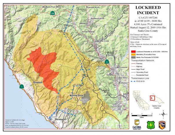 Lockheed Fire, 14 August 2009.  4000 acres. 5% contained. Orange = current Lockheed fire,  Gray = last years Martin Rd fire, Yellow = evacuation area. Source and current info: http://cdfdata.fire.ca.gov/incidents/incidents_details_maps?incident_id=361